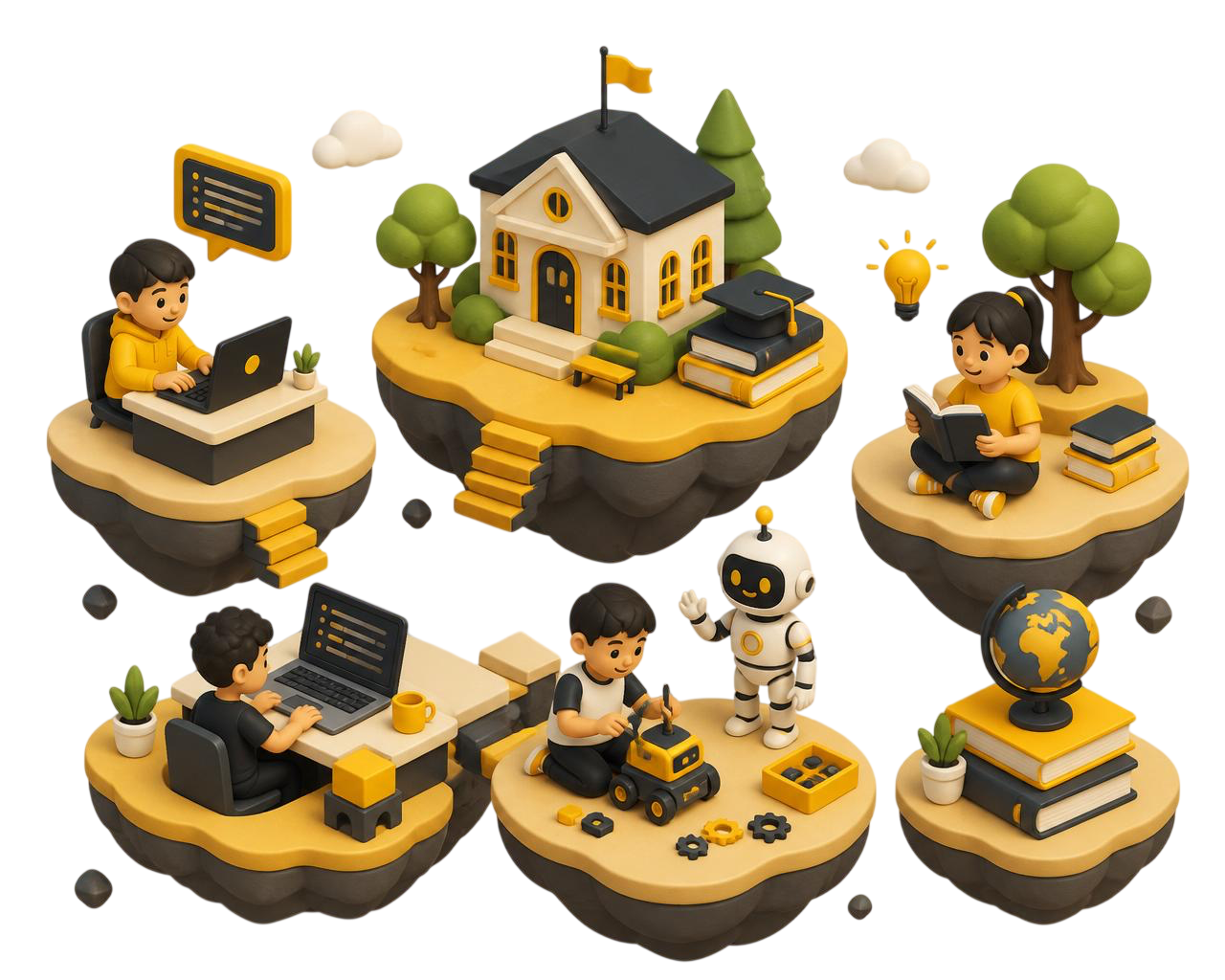 Isometric illustration of children learning coding and robotics